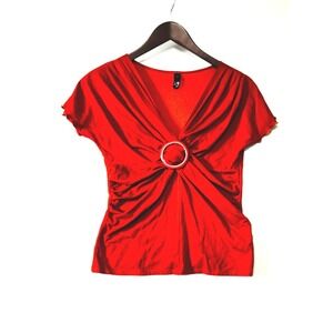 Vintage ING Womens y2K Babydoll Top O-Ring Ruched Cap Sleeve Blouse USA Small